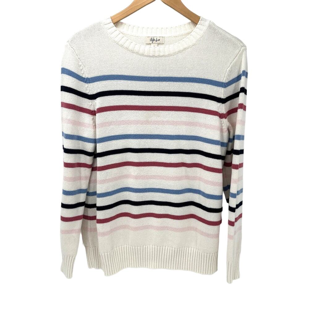Style & Co Sweater Womens Large White Pink Striped Knit Pullover Long Sleeves‎